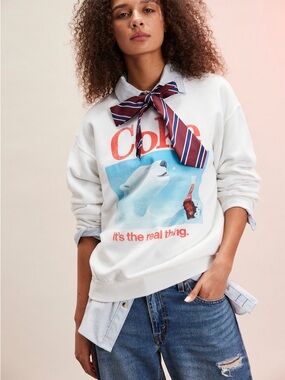 Free People Junk Food Clothing White Sweatshirt with Polar Bear Coke Graphic